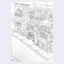 Black ink illustration on white paper of a cartoon city with cutely shaped buildings with character signage.