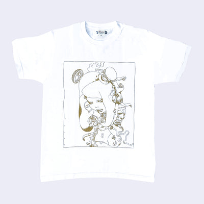 White shirt with a line art illustration in the center of a woman with many mechanical head and body elements. Line art is in a dark gold color.