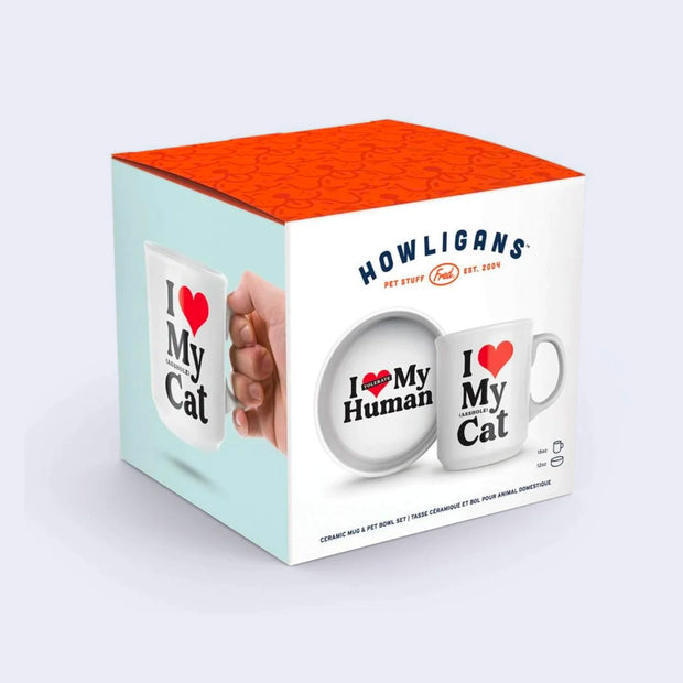 Product packaging for a set of cat bowl and coffee mug. Bowl reads "I Love (tolerate) My Human" and mug reads "I Love My (Asshole) Cat"