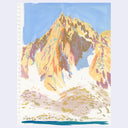 A spiral-bound art notebook featuring a colorful illustration of a mountain peak under a blue sky, with a white page border and decorative binding along the left edge.