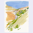 A watercolor landscape painting on textured paper, depicting rolling hills in shades of blue, beige, green, and orange, with a spiral binding visible on the left edge.