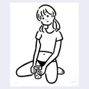 Black line drawing of a person sitting on the floor holding a cup against a white background