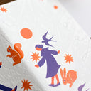 Illustrated birthday card with blue figures, orange circles, and stars on a white background