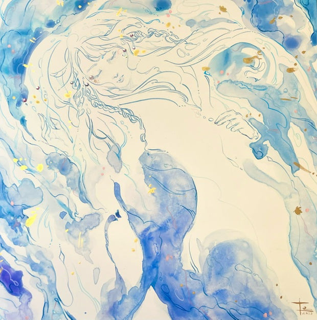 This image is of a woman mixed in watercolor, so it's watery and she has long hair.