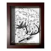 Black paper cutting art of a rain cloud, with a bird among the rain and a deer skull. Stars appear from the rain lines. Piece is in a thick wooden shadowbox frame.