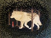 Assembled paper cutting diorama of a large white wolf, following a small girl in a red coat through a forest. They are framed by many cut leaves revealing the scene.
