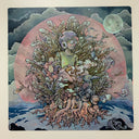 Illustration of a character wearing a helmet and glasses, sitting cross legged on a throne of leaves with roots at the bottom. They have a sleeping dog in their lap and a cup of coffee. They float over water with a large pink circle behind them and clouds in the sky.