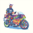 Ink and watercolor illustration of a robot person sitting on a very decorated motorcycle, mostly green and purple with flames, robot decals and text that reads "Giant Robot." The character is dressed mostly in colorful dirtbike attire aside from a black t-shirt and reads an issue of Giant Robot.