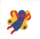 Linocut print in yellow, red, blue and green of a girl in a blue dress with a red ribbon around the waist, flying with large yellow butterfly wings.
