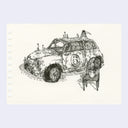 A black ink sketch of a vintage race car with a small chair and plant pot, drawn on a square off-white sheet of paper with punch holes along the left edge, shown against a light lavender background.