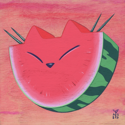 Painting of a slice of watermelon, with pointed ears like a cat and a closed eye cat expression. It is against a pink ombre wood grain background.