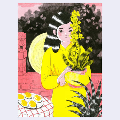 Yellow, pink and black print of a girl holding an orchid plant.