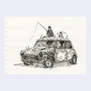 A black ink sketch of a Mini Cooper covered in foliage, with two figures fishing from atop the vehicle, shown on a cream page with a light gray border.