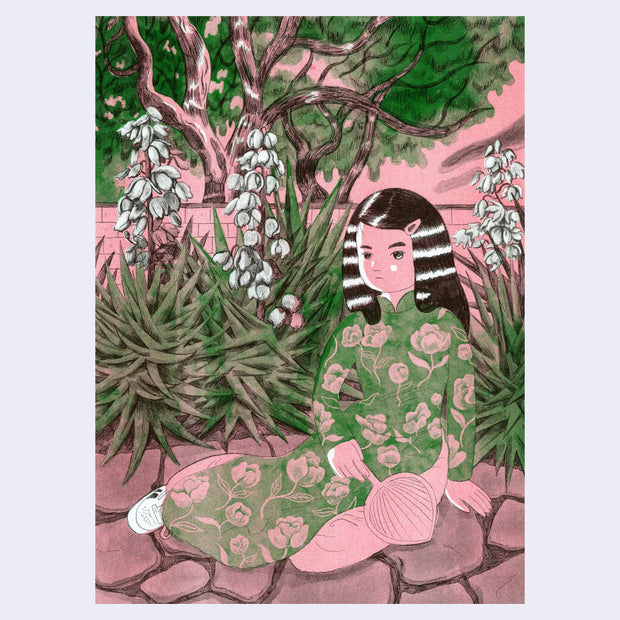 Risograph print in black, pink and green of a girl in a formal robe sitting in a garden holding a fan with Yucca plants around her.