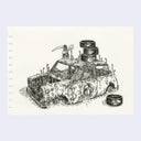 A black ink sketch of a classic car covered in sprouts, with a small bird figure on top of the roof along with a pile of tires. The print is centered on a light gray background.