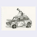 A black ink sketch of an old car covered in moss, with a telescope on its roof and a small figure standing on top, shown on an off-white page with spiral binding visible on the left.