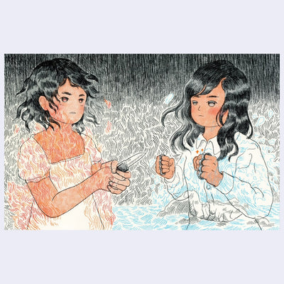 Risograph print of 2 girls facing one another and ready to fight, one has a small knife and the other has metal knuckles.