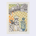 Sketch of a town across a bridge. The back of a kimono wearing woman faces the viewer as she looks across the bridge.