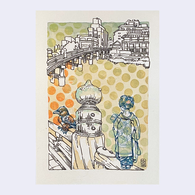 Sketch of a town across a bridge. The back of a kimono wearing woman faces the viewer as she looks across the bridge.