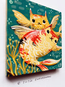 Painting of 2 koi fish swimming very close to one another, with one blocking the body of the other. Both have cat heads and swim against a teal background with sea kelp.