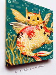 Painting of 2 koi fish swimming very close to one another, with one blocking the body of the other. Both have cat heads and swim against a teal background with sea kelp.