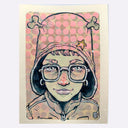 Illustration of a person's face, up close. They wear glasses and a hooded jacket, with 2 small bones protruding out the top.