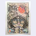 Sketch of a person's face close up. She has wavy short hair, wears large glasses and has a hooded fluffy jacket.