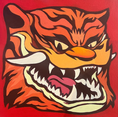 A square image of a Tiger monster with giant fangs, done in hot reds and oranges