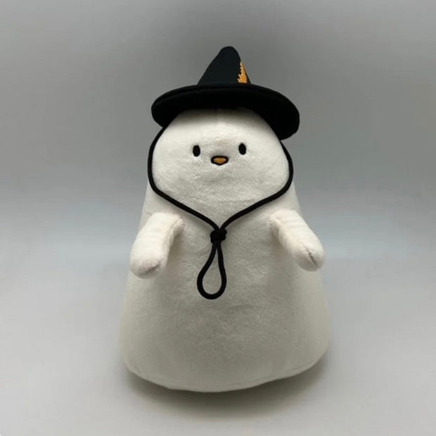 White plush ghost with a black witch's hat.