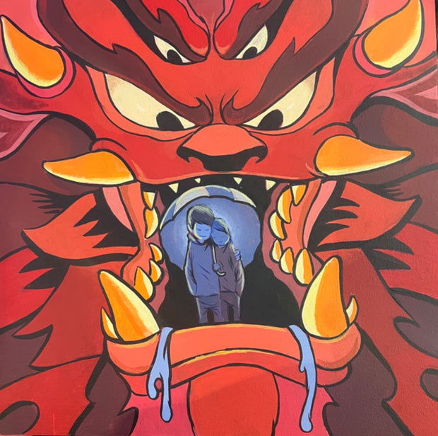 A square image of an angry monster with giant fangs and horns. Inside its mouth is two children standing peacefully side-hugging. drool is running down the monster's lip.done in hot reds and oranges