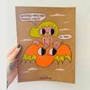 Colored pencil illustration on tan toned paper of a smiling nude cartoon girl sitting atop of an orange cartoon bat as they fly.