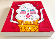 Painting of a cartoon style ice cream cone, with red eyes and a smile. It looks up, as it throws round sprinkles In the air.