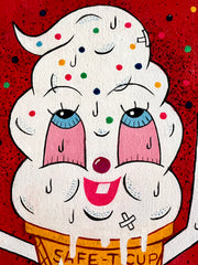 Painting of a cartoon style ice cream cone, with red eyes and a smile. It looks up, as it throws round sprinkles In the air.