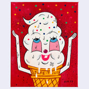 Painting of a cartoon style ice cream cone, with red eyes and a smile. It looks up, as it throws round sprinkles In the air.