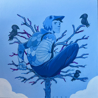 Blue monochrome painting of a person sitting in a very skinny tree, with chopped off branches protruding. He has a broken arm in a sling and a hat resembling a bird beak. Several birds sit on the branches.