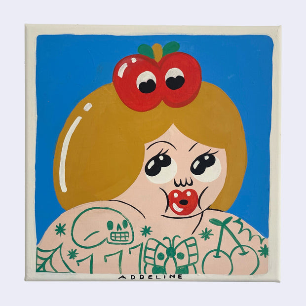Simple and stylistic painting of a cartoon woman with large red lips pursed together, slightly akin to Betty Boop in art style. She is topless and heavily tattooed but can only be seen from the shoulders up. She looks up at an apple atop her head, which look back at her.