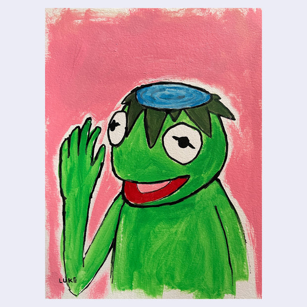 Painting of Kermit the Frog, with a flat top of his head. In the flat area is a small body of water and around is collared greenery. Kermit waves one hand.