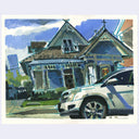 Gouache painting of a Victorian-style house with a white car parked in front, rendered in expressive blue, white, gray, and green brushstrokes on a white paper background.