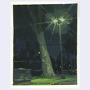 An impressionistic painting of a dark nighttime park scene with a tall tree trunk, a glowing streetlamp, and bright light streaks, shown with a white border on a light gray background.