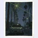 A painting depicting a dark nighttime street scene with palm trees, a car in the foreground, and glowing streetlights, shown with a white border on a light gray background.