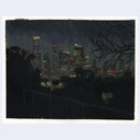 An impressionistic dark cityscape painting at night, showing silhouetted trees and buildings with scattered yellow, red, and blue window lights, bordered by a white margin on a light gray background.