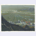 An impressionistic landscape painting depicting a valley town nestled between dark mountains, rendered in muted tones of green, gray, and brown with a vertical seam down the center.