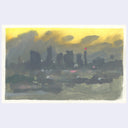 An abstract landscape painting featuring dark, silhouetted tree-like forms against a glowing yellow and gray sky, with a small pink dot near the center, presented on a light gray background.