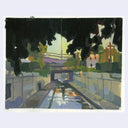 An impressionist-style landscape painting depicting a concrete wash, framed by dark trees and surrounded by a light gray border.