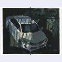 An impressionistic painting of a white car parked outdoors at night, rendered in dark green, black, and white brushstrokes with a white border around the artwork.