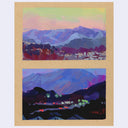 Two vertical hand-painted landscape artworks mounted side by side on a beige textured board. The top piece shows a mountain village under a pastel sky, and the bottom piece shows a dark mountain valley at dusk with glowing lights.