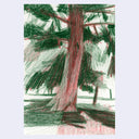 A colored pencil sketch of a tree on a white sheet of paper, showing a reddish-brown trunk and dark green layered pencil strokes for the foliage, set against a light lavender background.