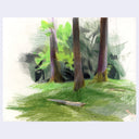 A colored pencil sketch of a forest scene with three tree trunks, bright green foliage, and a grassy foreground on a white paper background.