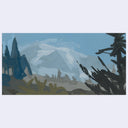 A horizontal landscape painting featuring a snow-capped mountain under a light blue sky, with dark blue and black trees in the foreground and muted green foliage at the bottom.