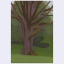 A stylized landscape painting of a large tree with brown and purple-brown trunk and branches, set against a green field and foliage background.